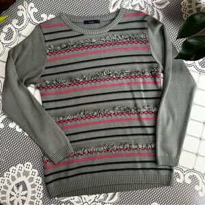 Fashionz Grey Sweater with Fringe & Pink Stripe Detail – Size M
